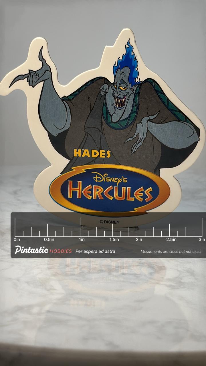 Vintage Disney Hades Character Pin: Colorful Enamel - 1990s Movie Accessory with ruler overlay for size reference
