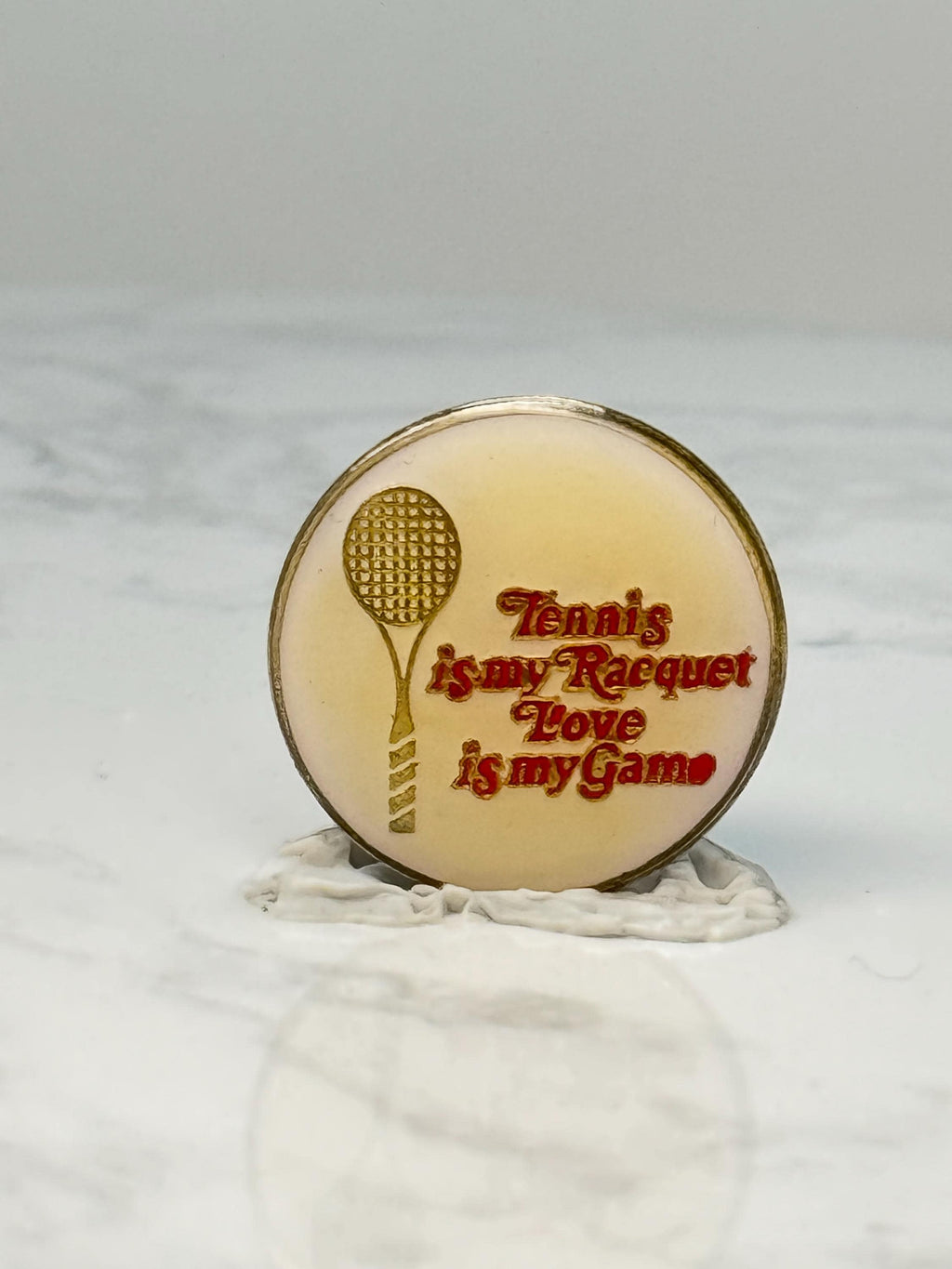 Vintage Tennis Slogan Pin: Cream Enamel Gold Tone - Sport Accessory