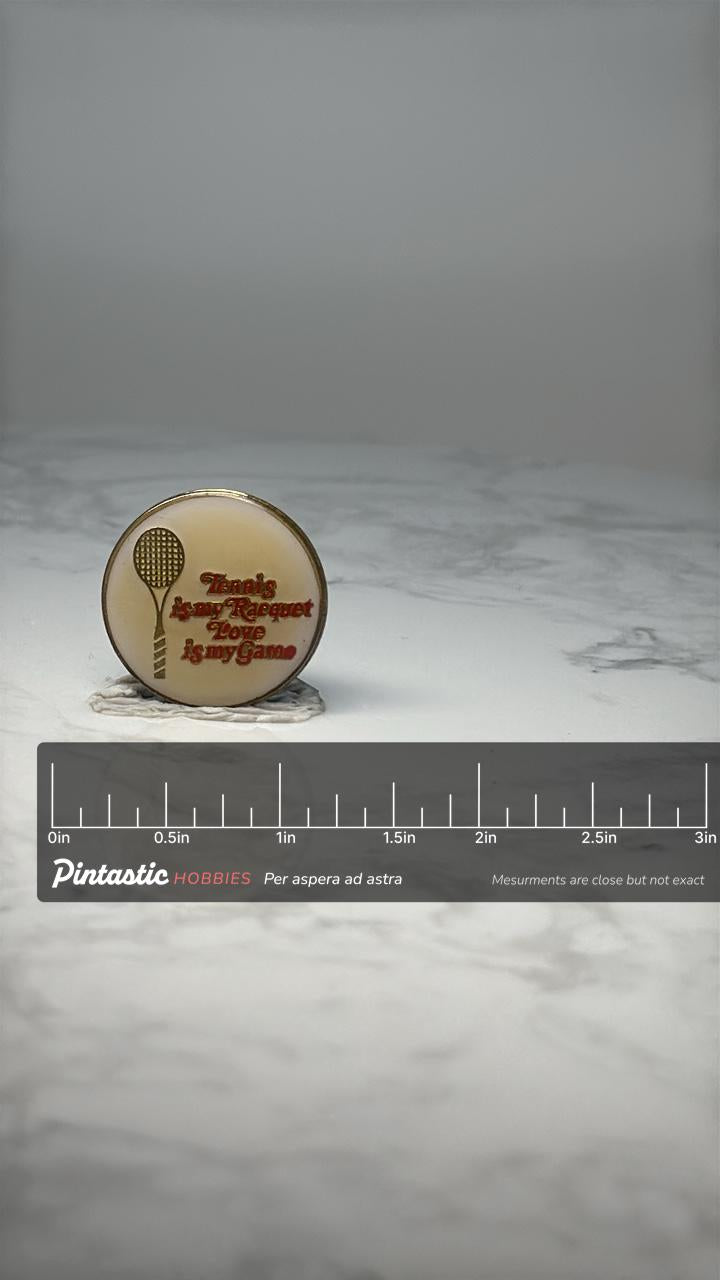 Vintage Tennis Slogan Pin: Cream Enamel Gold Tone - Sport Accessory with ruler overlay for size reference