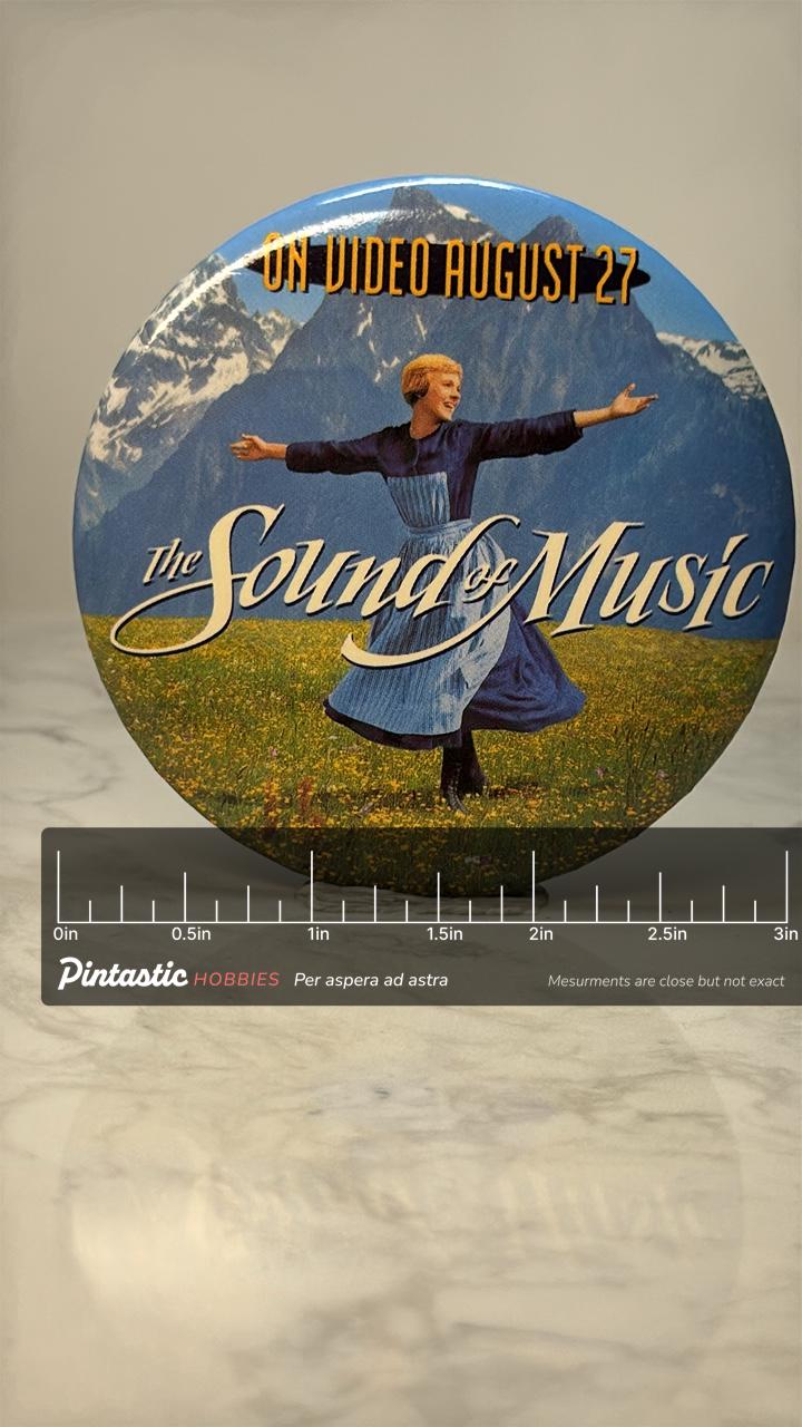 Vintage The Sound of Music Button Pin: Full Color Art - 1990s Accessory with ruler overlay for size reference