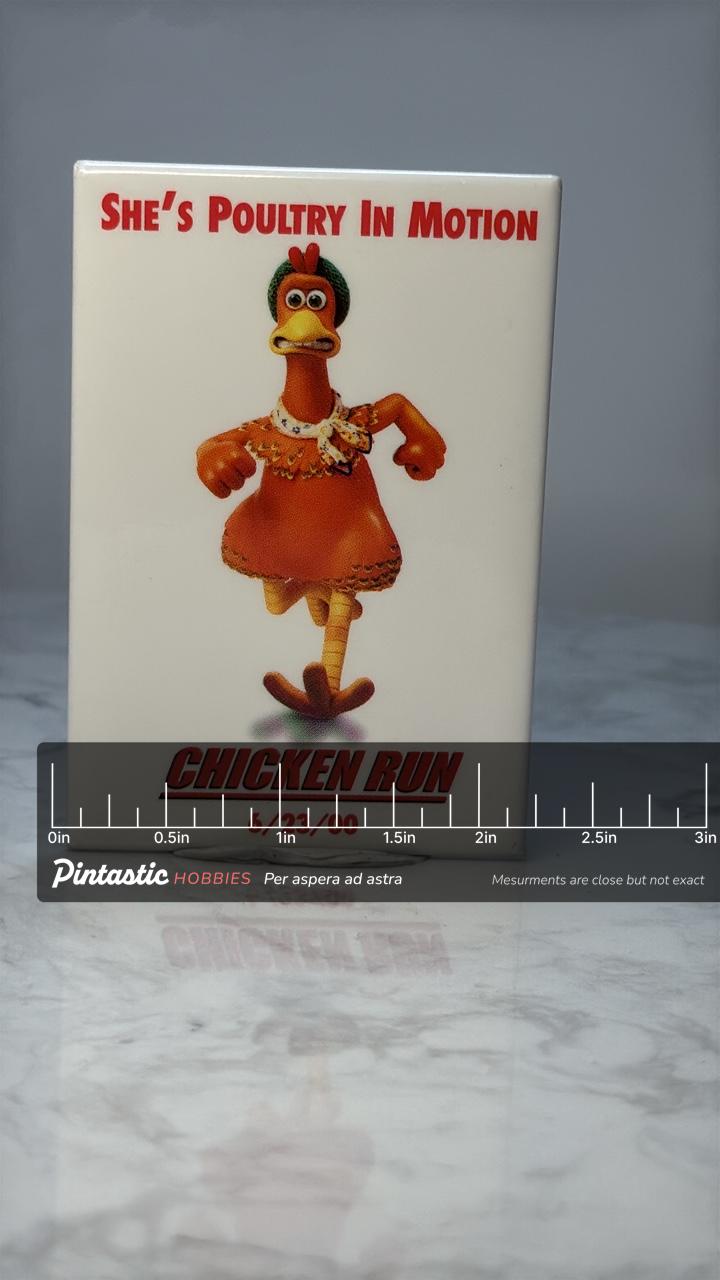 Vintage Chicken Run Movie Pin: Glossy Character Design - 2000 Film Accessory with ruler overlay for size reference