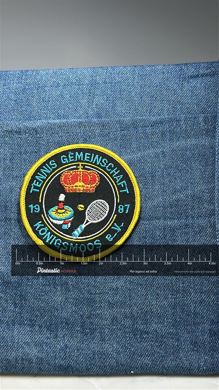 Tennis Gemeinschaft Konigsmoos Patch 1987 e.V German Tennis Club Embroidered Sew On Patch with ruler overlay for size referen