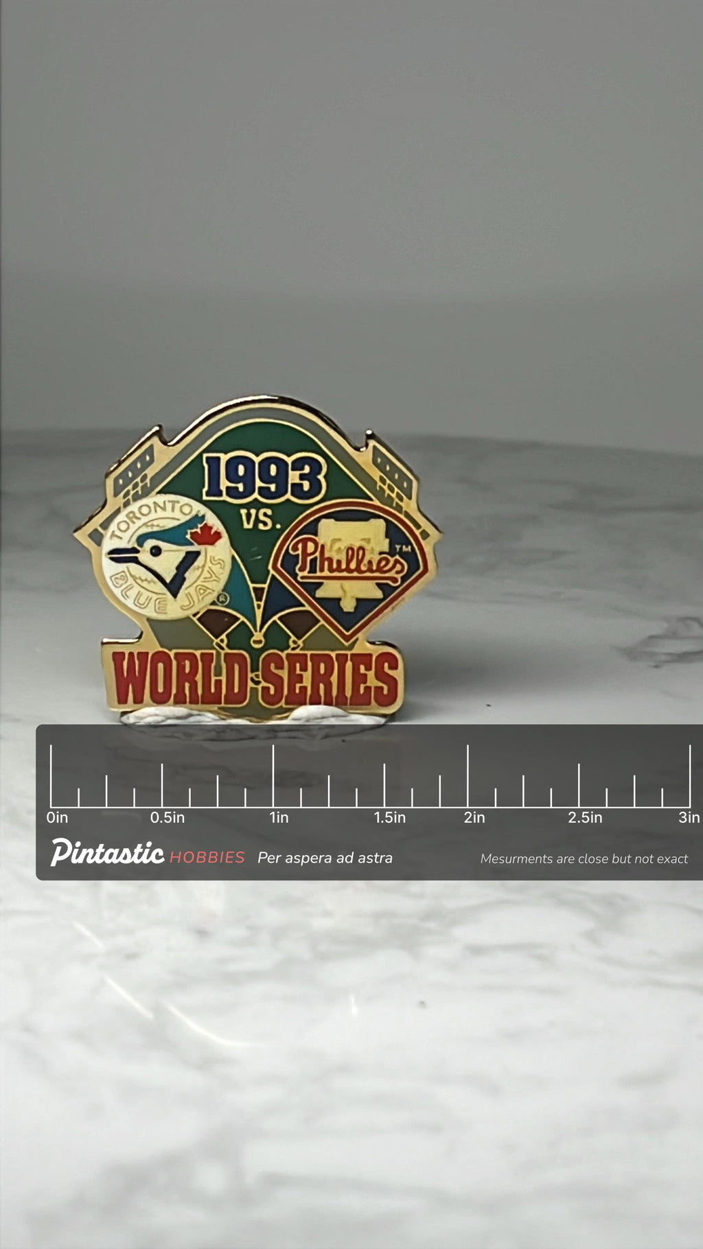 Vintage 1993 World Series Enamel Pin: Blue Jays vs Phillies - MLB Baseball Accessory with ruler overlay for size reference