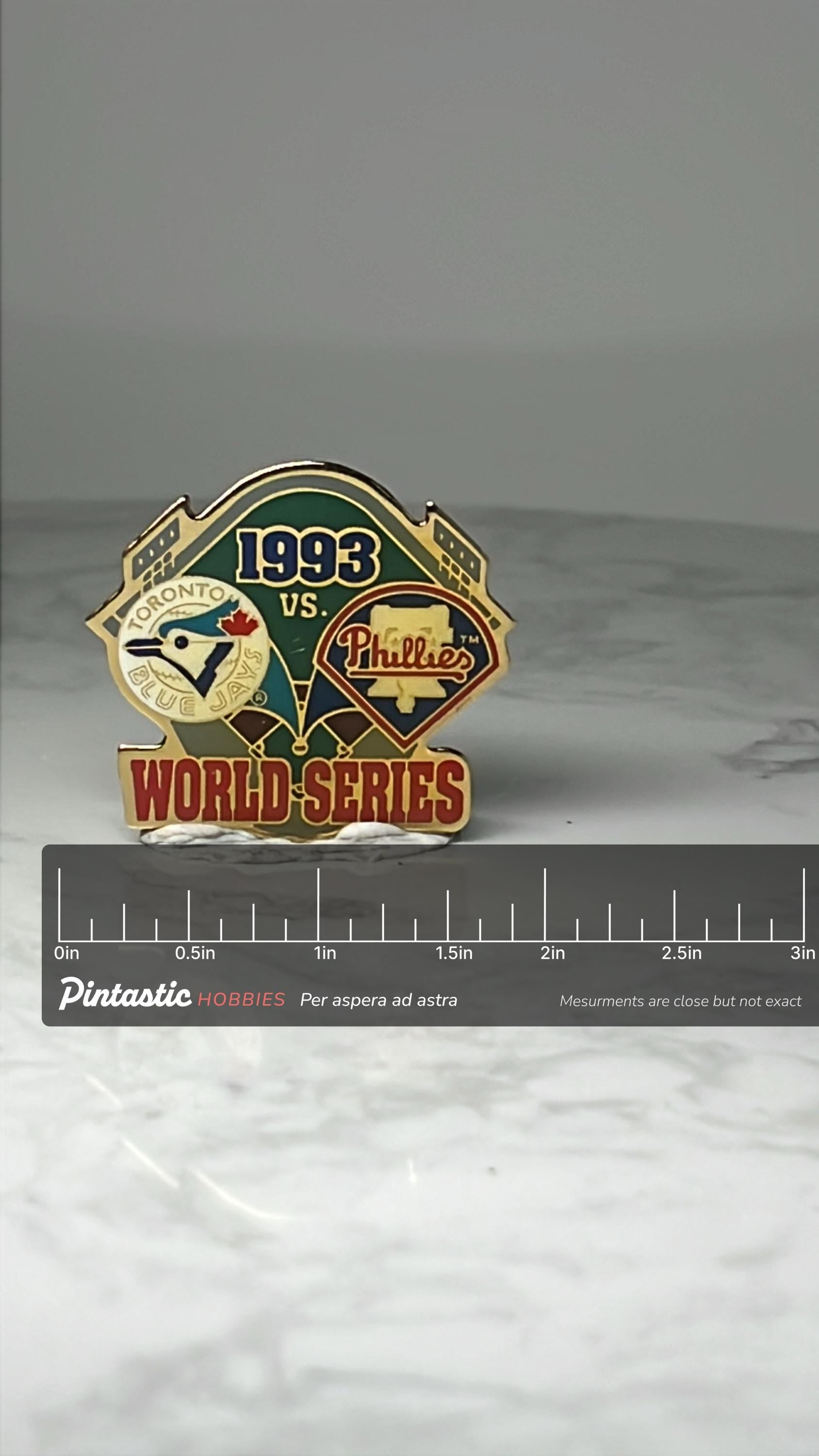 Vintage 1993 World Series Enamel Pin: Blue Jays vs Phillies - MLB Baseball Accessory with ruler overlay for size reference