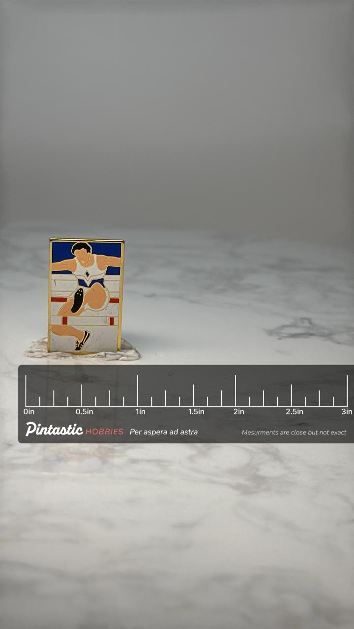Vintage Track & Field Hurdler Enamel Pin: Gold Tone - Athletic Sports Accessory with ruler overlay for size reference