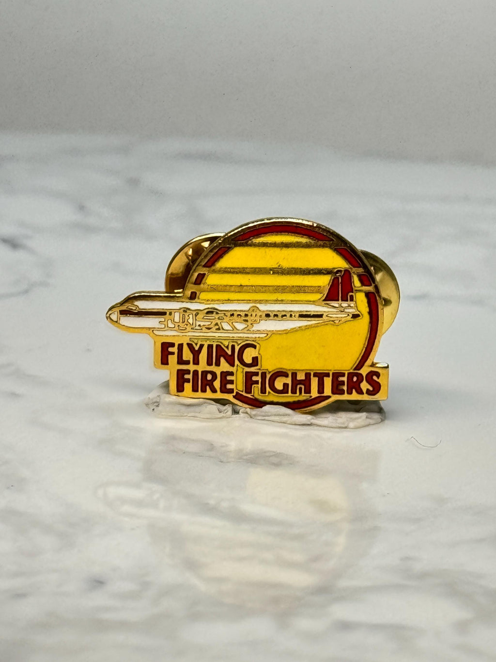 Vintage Flying Firefighters Enamel Pin: Red Yellow Gold - Aviation Accessory