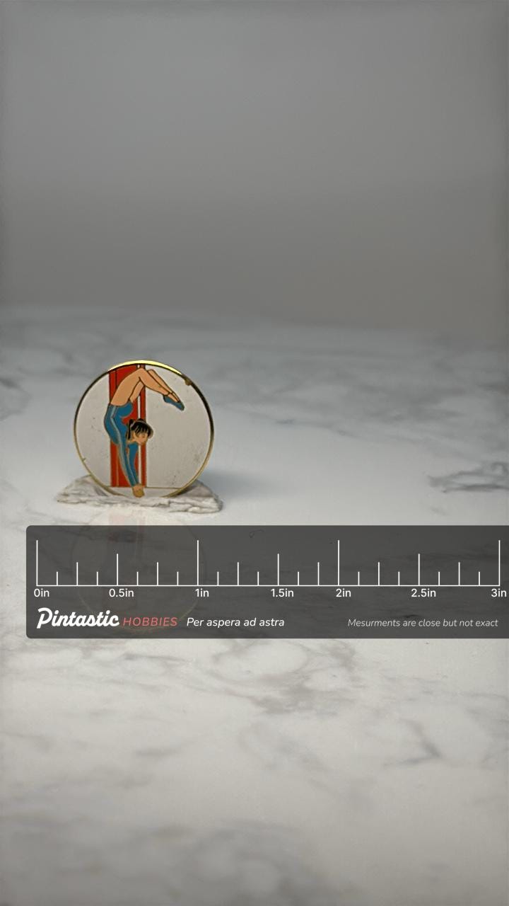 Vintage Gymnastics Enamel Lapel Pin: Gold Tone - Athletic Sports Accessory with ruler overlay for size reference