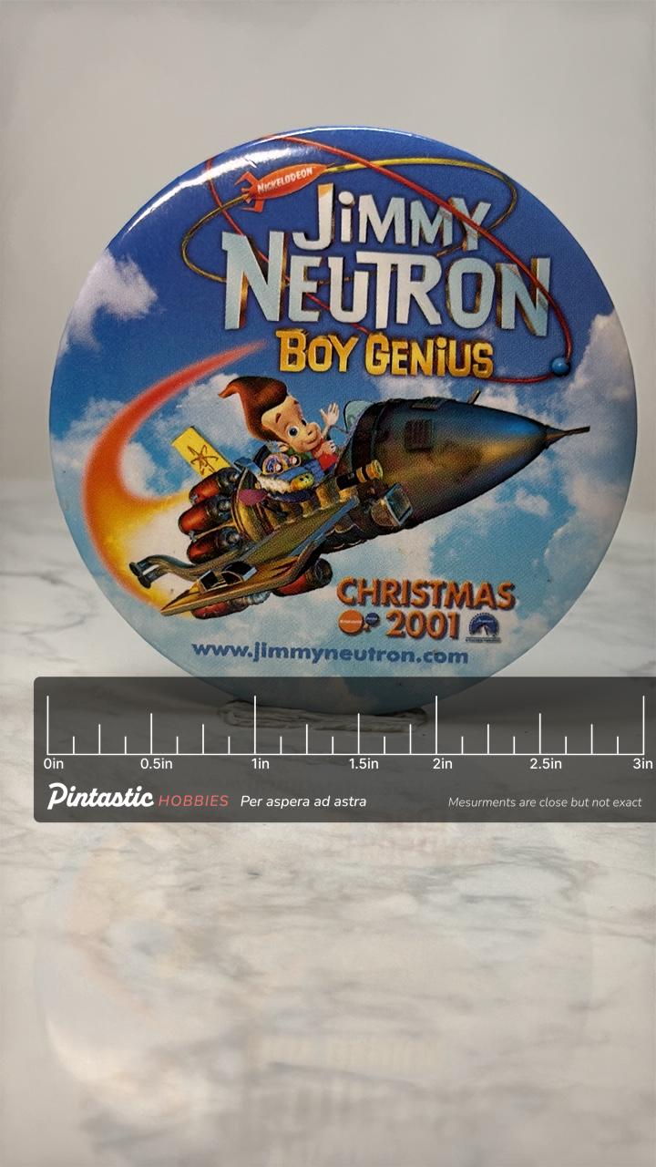 Vintage Jimmy Neutron Button Pin: Colorful Glossy - 2001 Christmas Accessory with ruler overlay for size reference