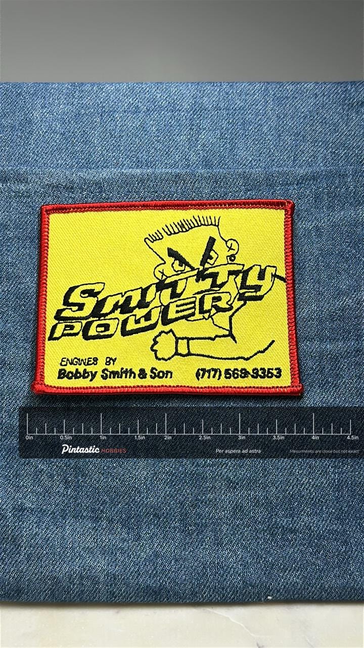 Smitty Power Patch: Yellow Red Border - Racing Engine Shop Accessory with ruler overlay for size reference
