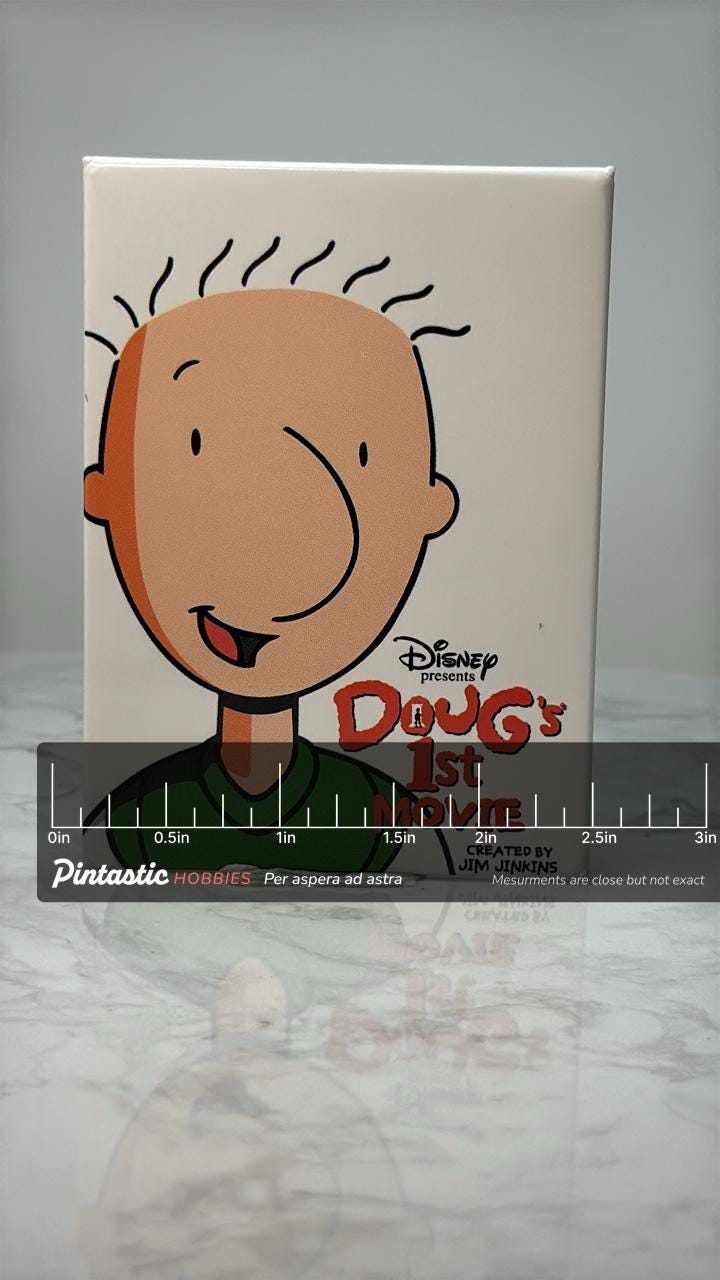 Vintage Disney Doug Funnie Pin: Color Enamel - 1990s Movie Accessory with ruler overlay for size reference