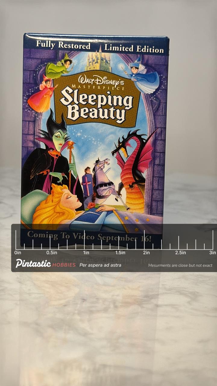 Vintage Disney Sleeping Beauty VHS Cover Pin: Color - 90s Promo Accessory with ruler overlay for size reference