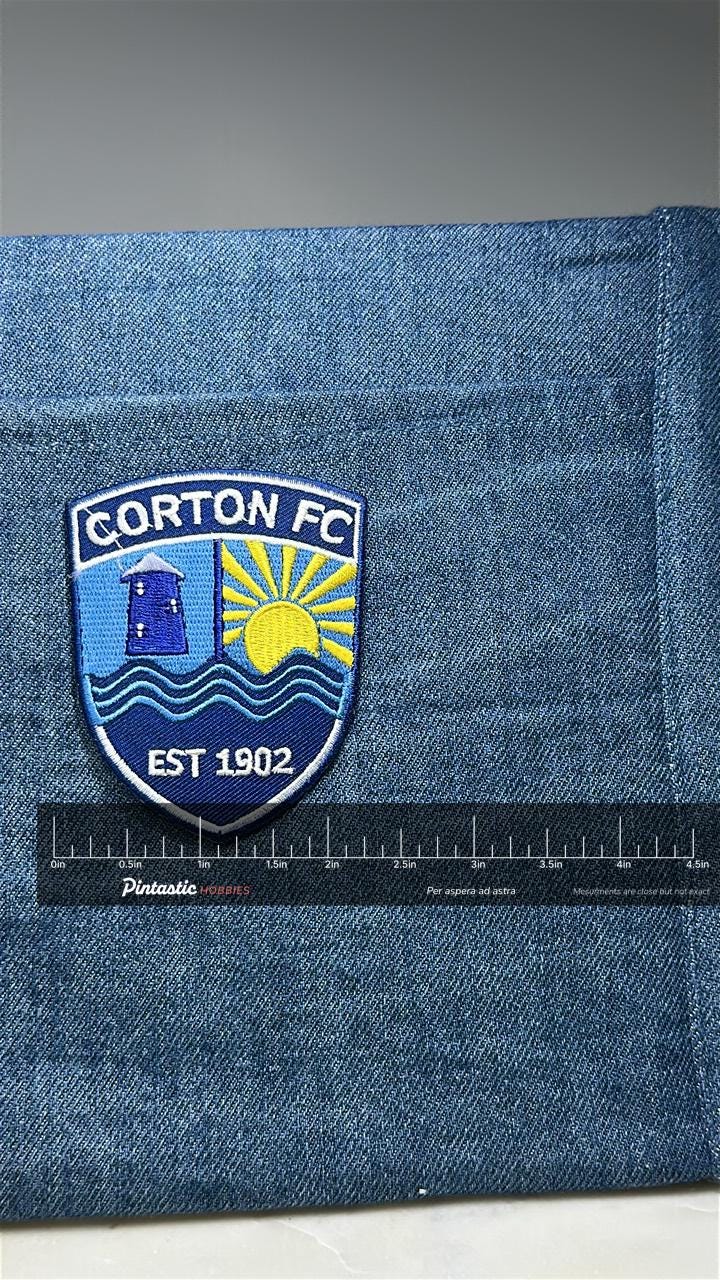 Corton FC Patch: Blue Crest - Football Club Accessory with ruler overlay for size reference