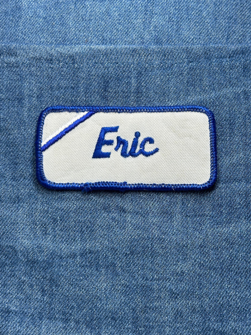 Eric Name Patch: Blue Script on White - Vintage Uniform Accessory