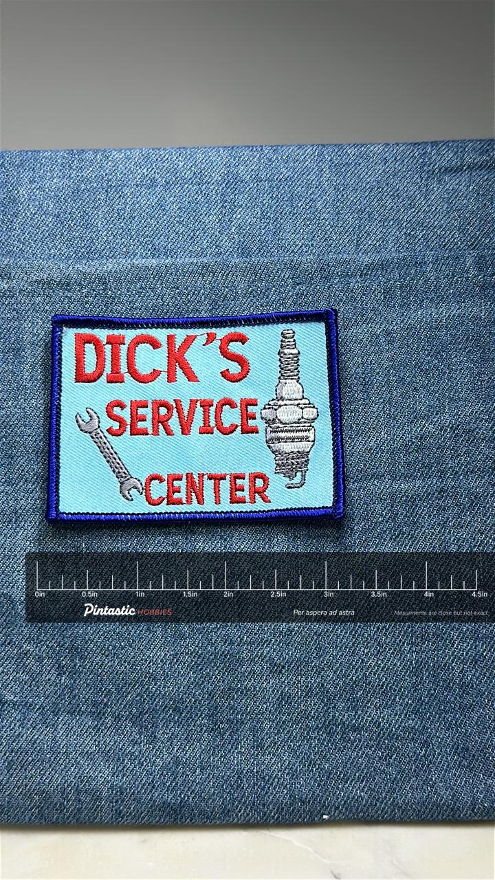 Dick’s Service Center Patch: Red & Blue - Auto Repair Accessory with ruler overlay for size reference