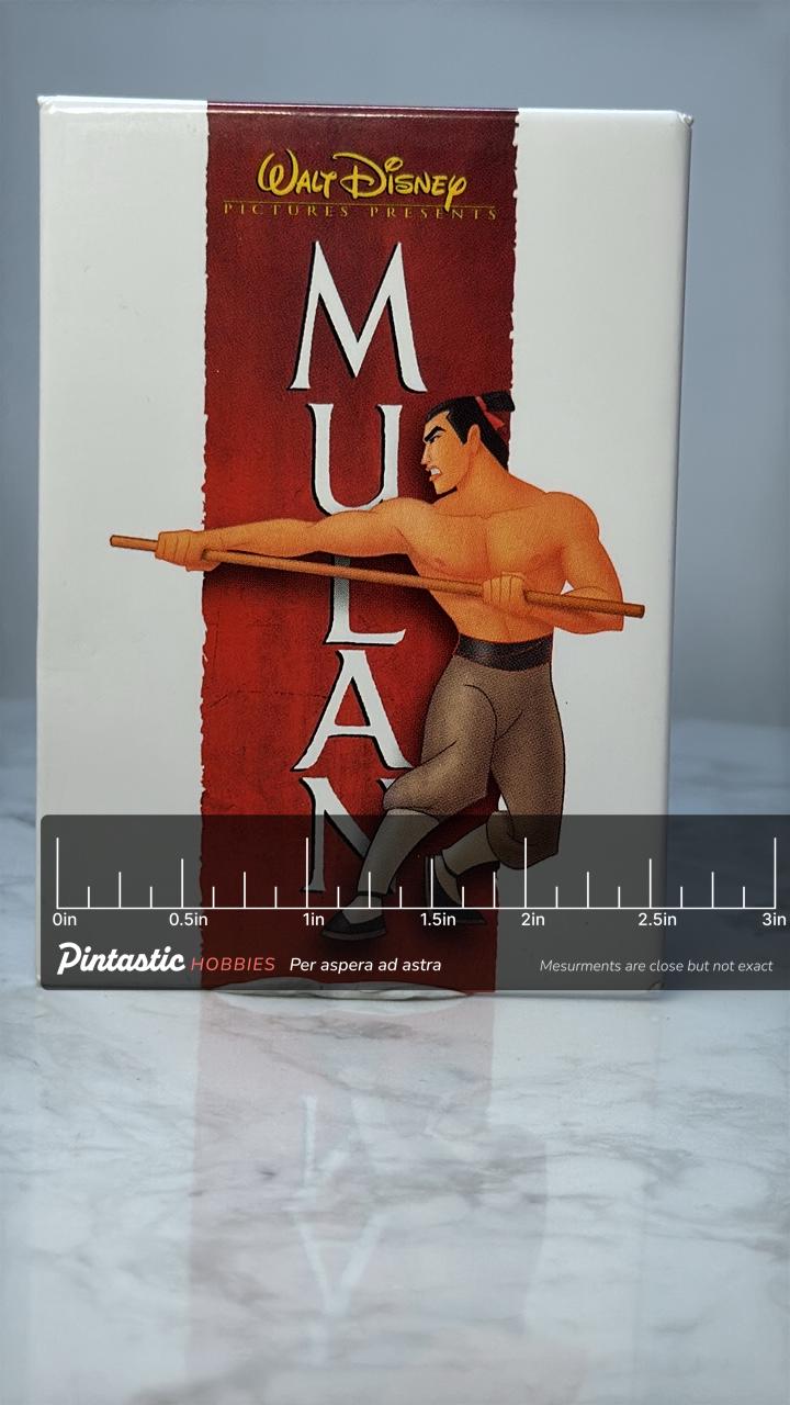 Vintage Disney Mulan Character Pin: Enamel Gold Tone - 1990s Movie Accessory with ruler overlay for size reference