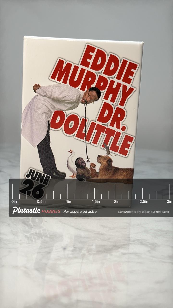 Vintage Eddie Murphy Dr Dolittle Movie Pin: Glossy Promo - 1990s with ruler overlay for size reference