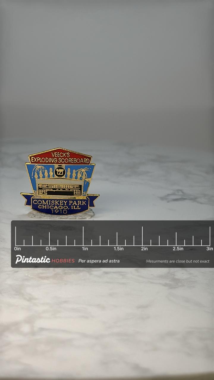 Vintage Comiskey Park Scoreboard Pin: Enamel - Chicago Baseball Accessory with ruler overlay for size reference