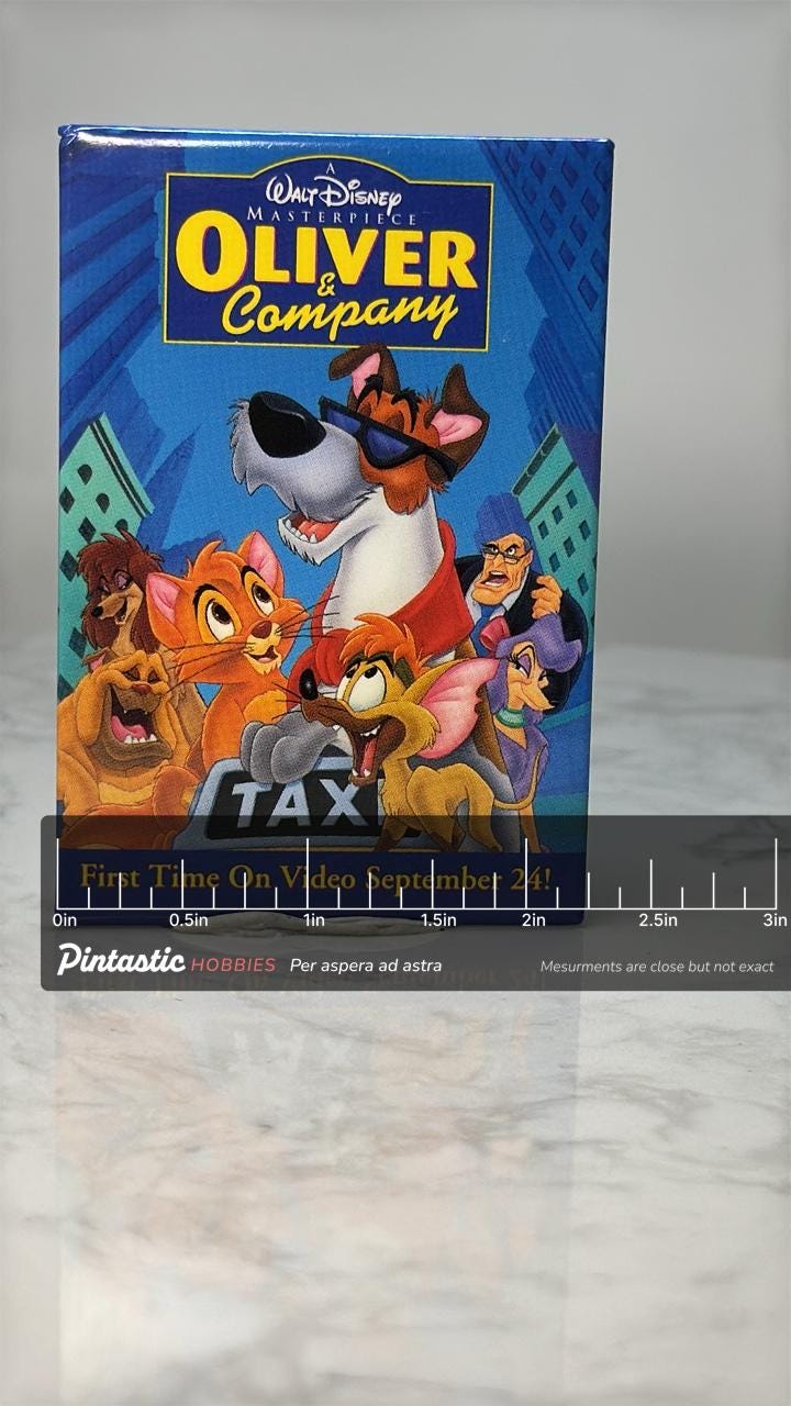 Vintage Oliver and Company Pin: Colorful Enamel - 1990s Disney Accessory with ruler overlay for size reference