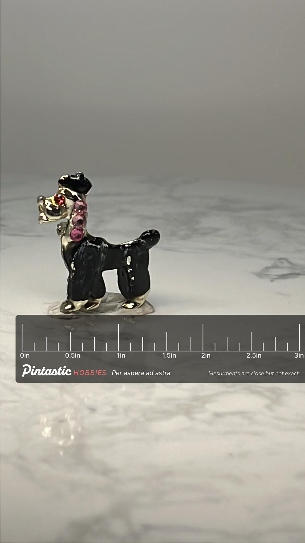 Vintage Poodle Dog Lapel Pin: Gold Tone & Rhinestone - Retro Accessory with ruler overlay for size reference