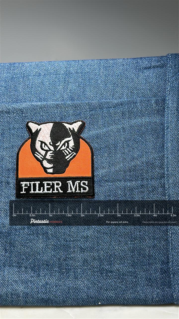 Henry H Filer Middle School Patch Panthers Mascot Filer MS Hialeah FL Embroidered Patch with ruler overlay for size reference