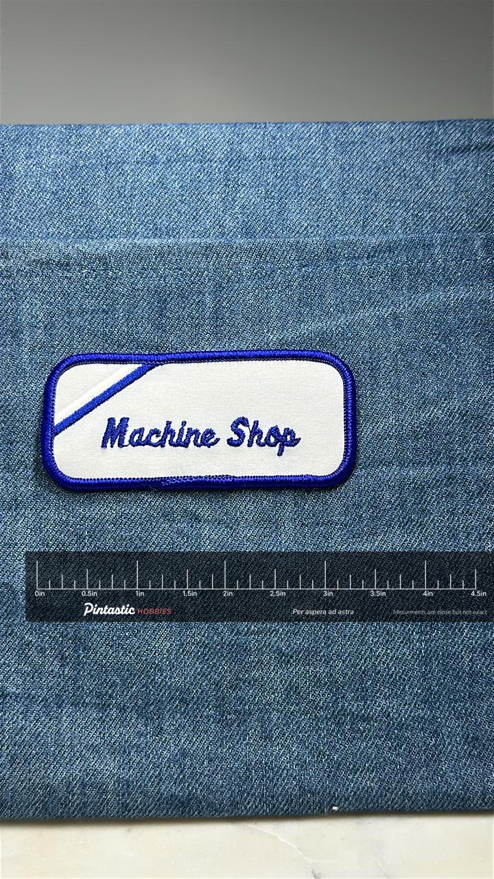 Machine Shop Patch: Blue White Uniform - Industrial Career Accessory with ruler overlay for size reference