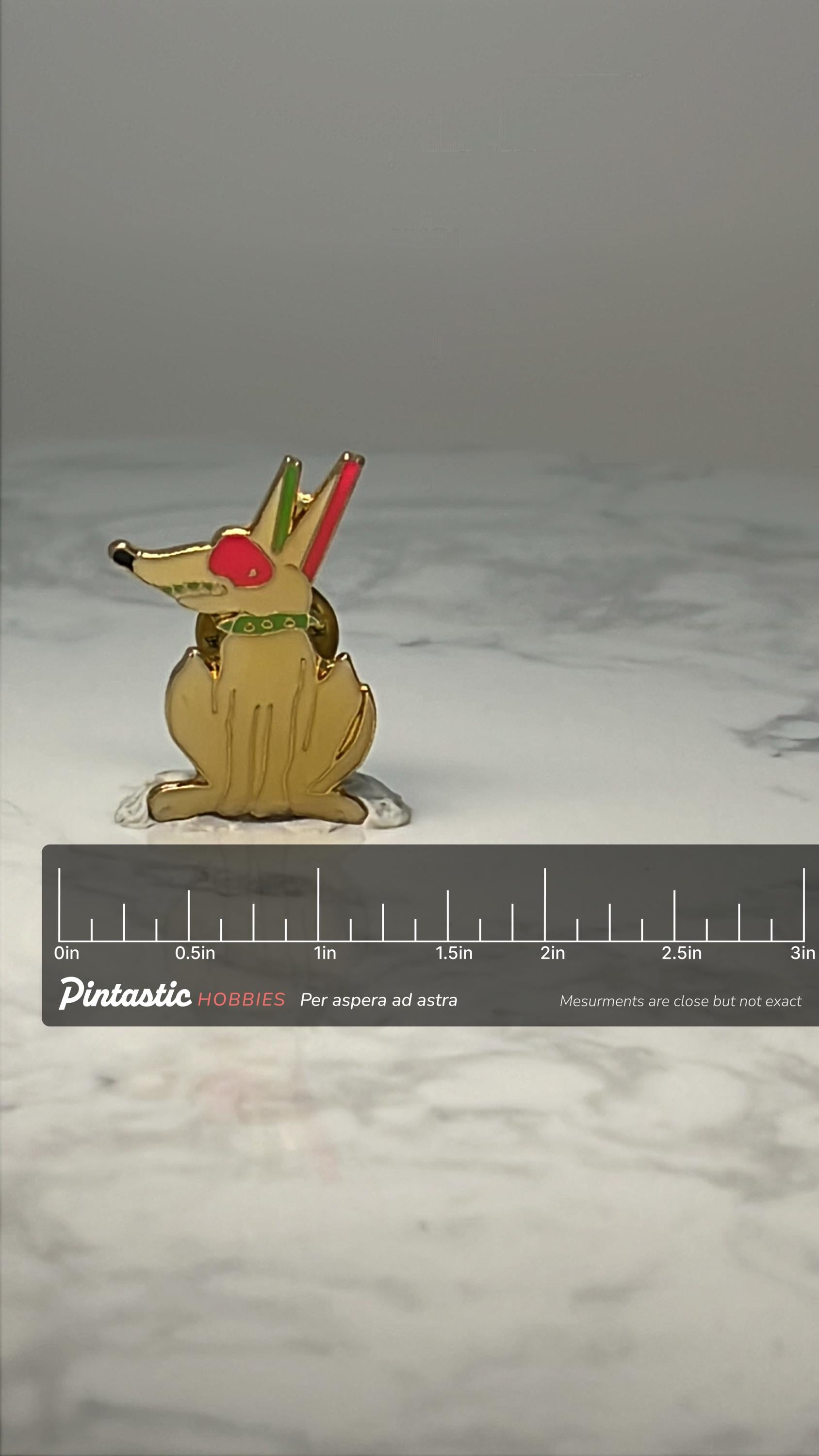 Rude Dog Style Enamel Pin Vintage Cartoon Dog Gold Tone Lapel Pin 90s Character Pin with ruler overlay for size reference