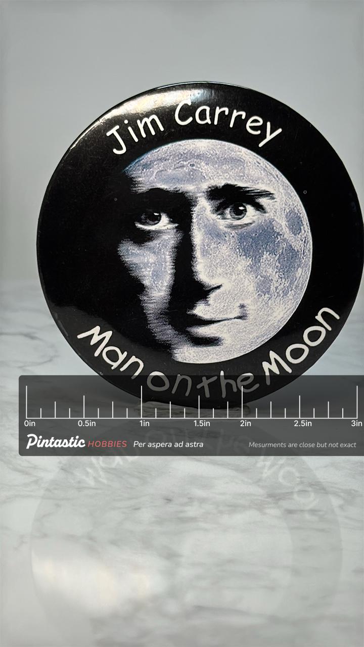 Vintage Jim Carrey Movie Pin: Black White Film - 1999 Man on the Moon Accessory with ruler overlay for size reference