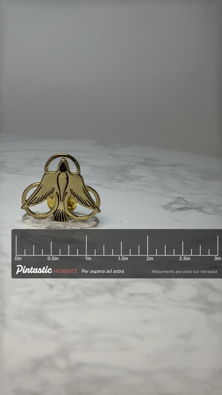 Vintage Dove Religious Enamel Pin: Gold Tone - Christian Accessory with ruler overlay for size reference