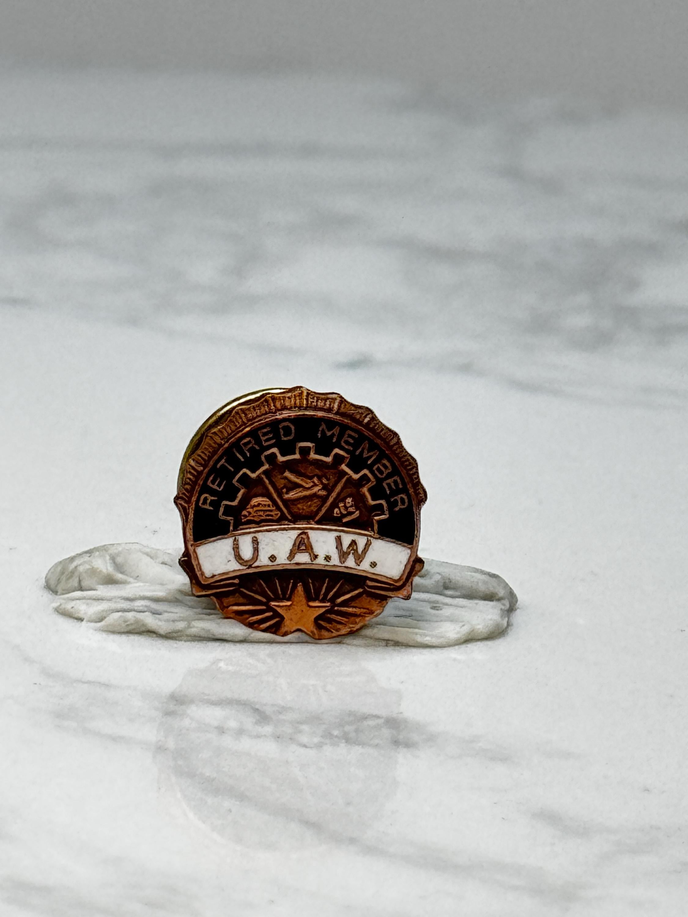 Vintage UAW Retired Member Lapel Pin: Gold Tone Enamel - Union Accessory