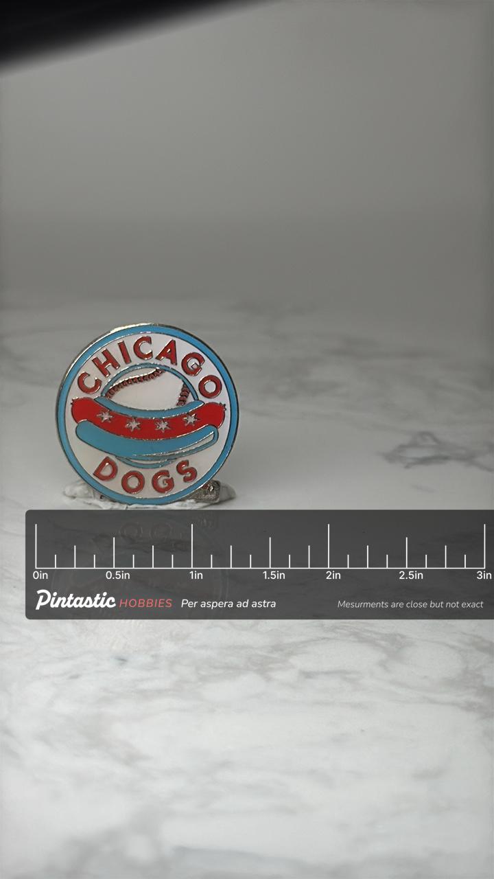 Vintage Chicago Dogs Baseball Pin: Red White Blue Enamel - Sports Team Accessory with ruler overlay for size reference