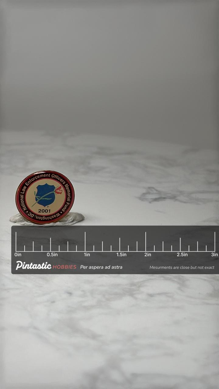 Vintage National Law Enforcement Memorial Pin: Red Enamel - 2001 DC Accessory with ruler overlay for size reference