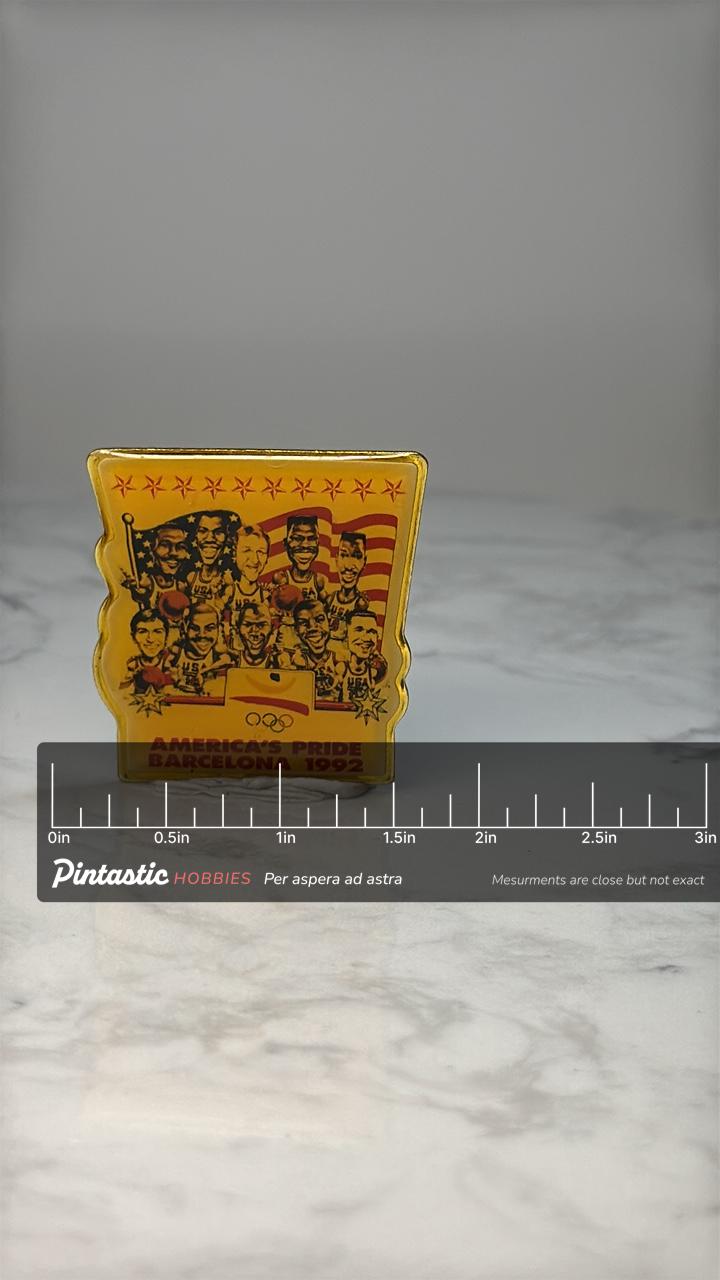 Vintage USA Dream Team Pin: Gold Enamel - 1992 Barcelona Olympics with ruler overlay for size reference