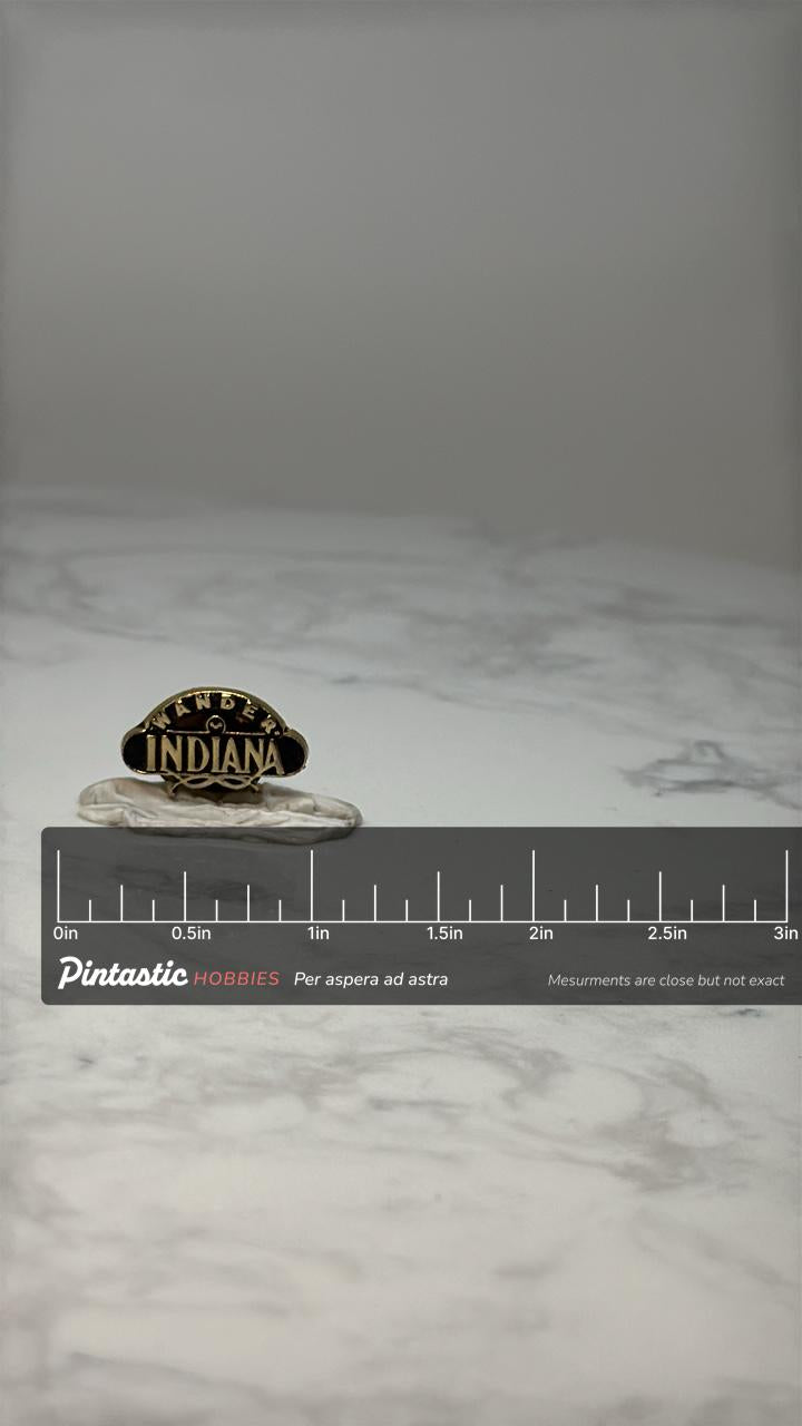 Vintage Wander Indiana Lapel Pin: Gold Tone Enamel - Travel Souvenir Accessory with ruler overlay for size reference