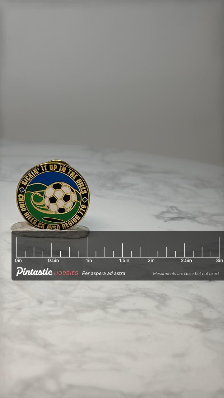 Chino Hills AYSO Soccer Pin: Gold Tone Enamel - 1990s Youth Sports with ruler overlay for size reference