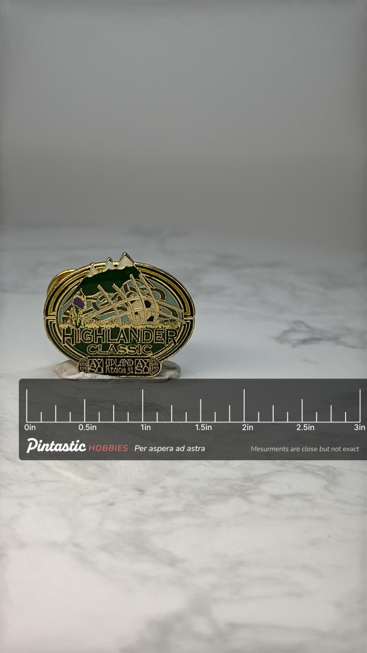 Vintage Highlander Classic AYSO Pin: Green Gold Enamel - Soccer Tournament Accessory with ruler overlay for size reference