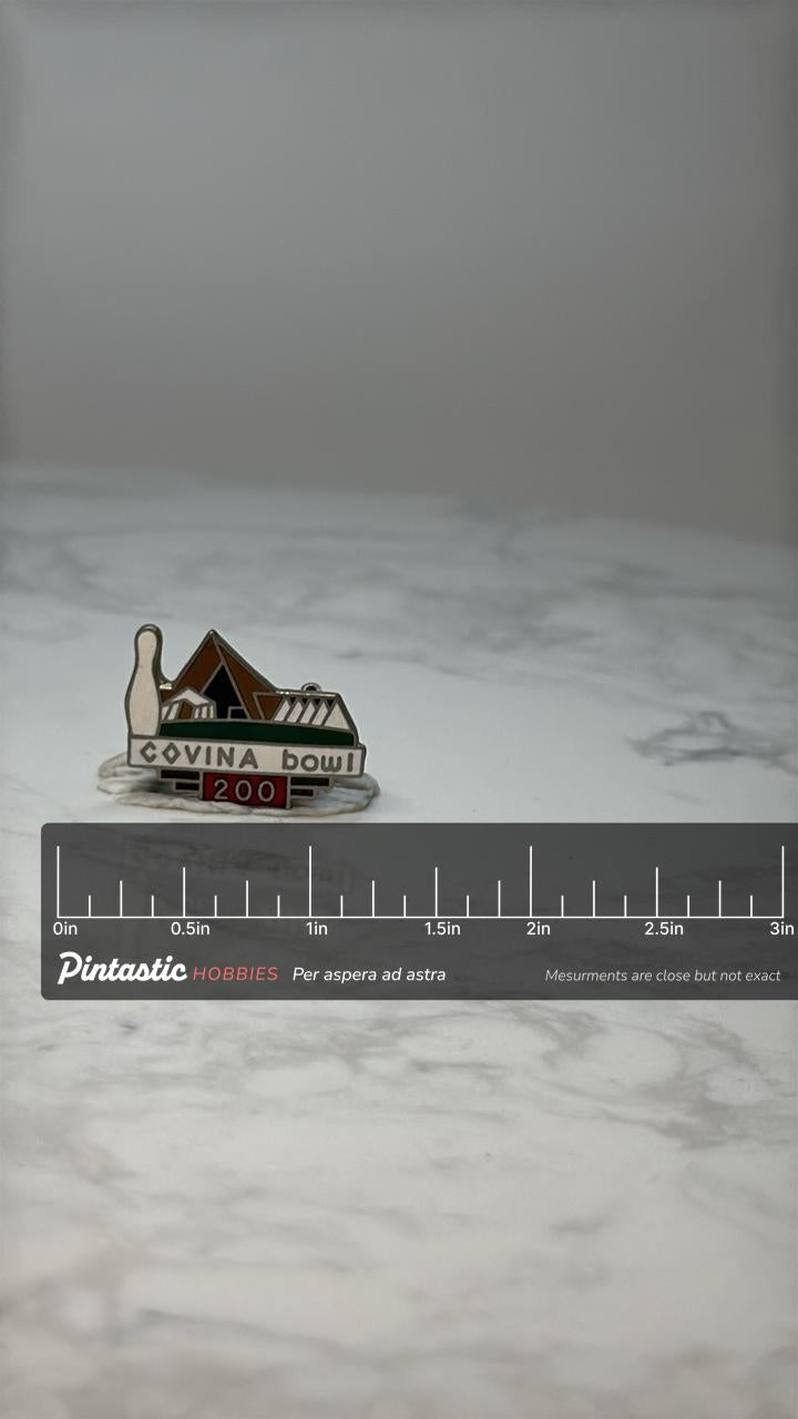 Vintage Covina Bowl Enamel Lapel Pin: Multicolor Metal - Bowling Alley Souvenir Accessory with ruler overlay for size referen