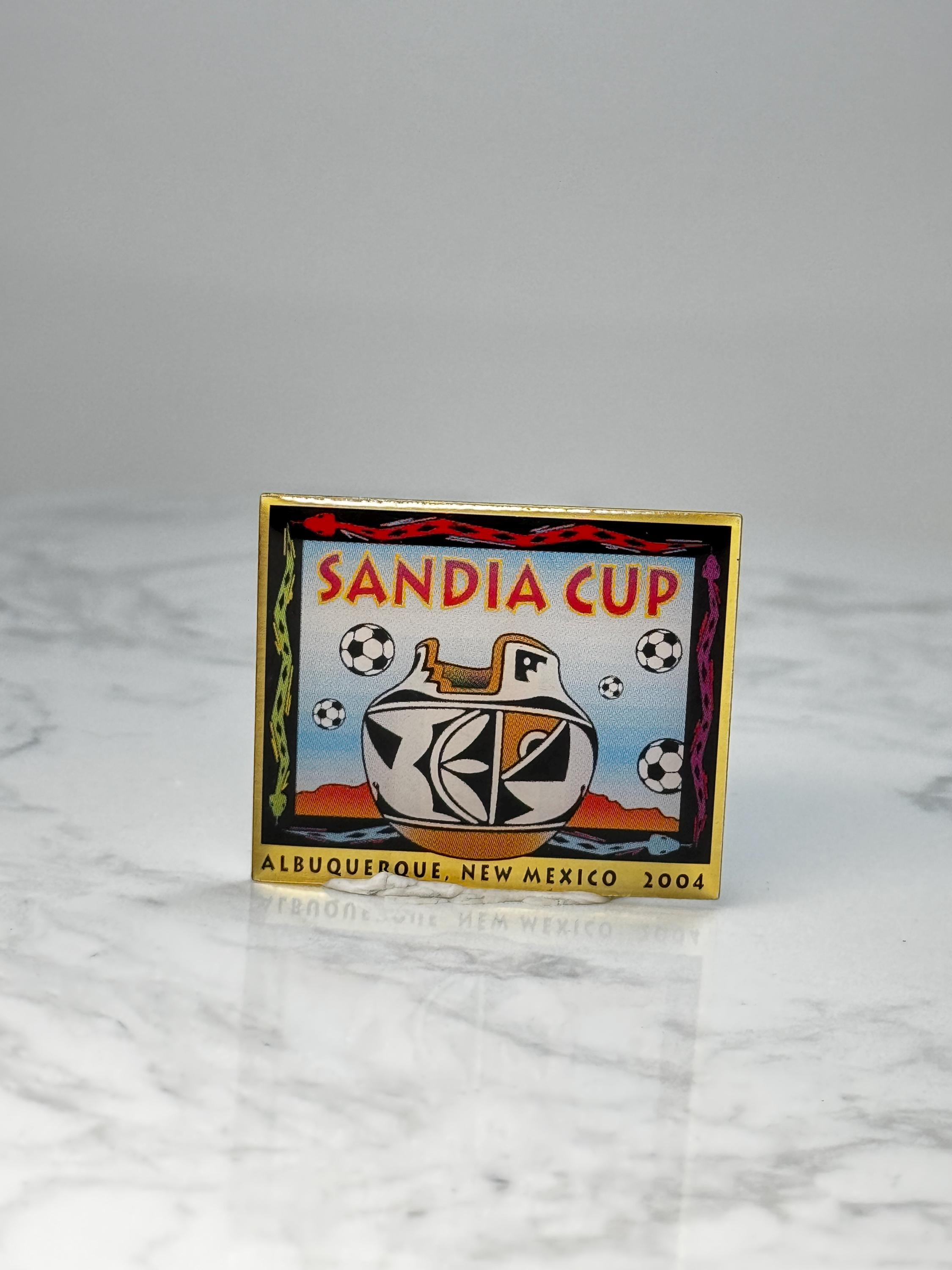 Vintage Sandia Cup Soccer Pin: Gold Tone Enamel - 2004 Event Accessory