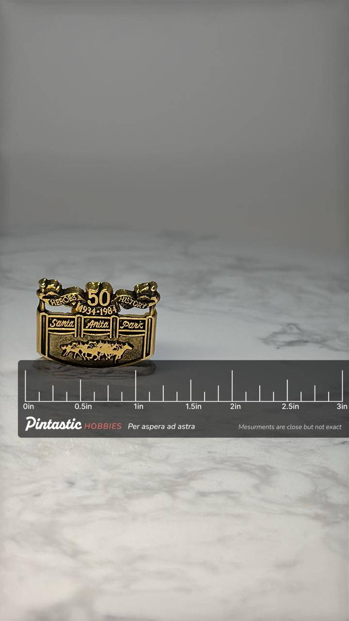 Vintage Santa Anita Park 50th Anniversary Pin: Gold Tone - 1984 Racing Accessory with ruler overlay for size reference