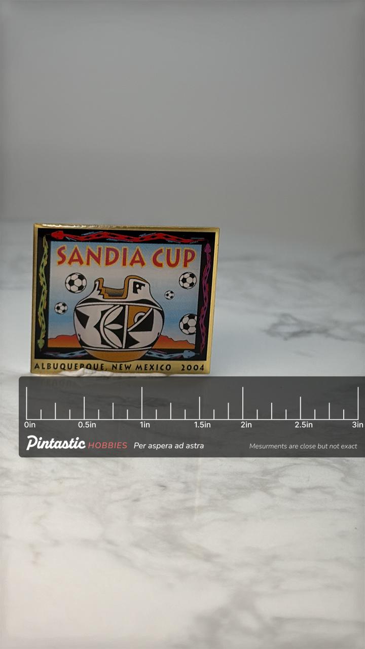 Vintage Sandia Cup Soccer Pin: Gold Tone Enamel - 2004 Event Accessory with ruler overlay for size reference