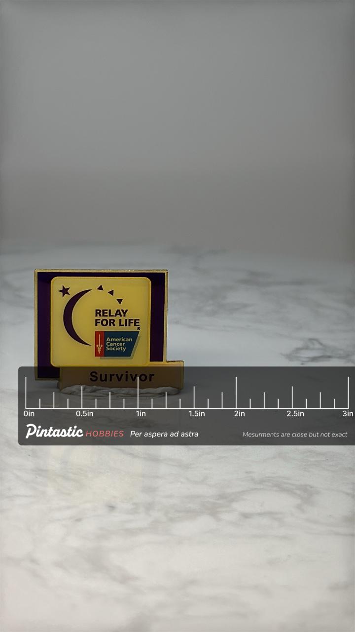 Vintage Relay For Life Survivor Pin: Yellow Enamel - Cancer Awareness Accessory with ruler overlay for size reference