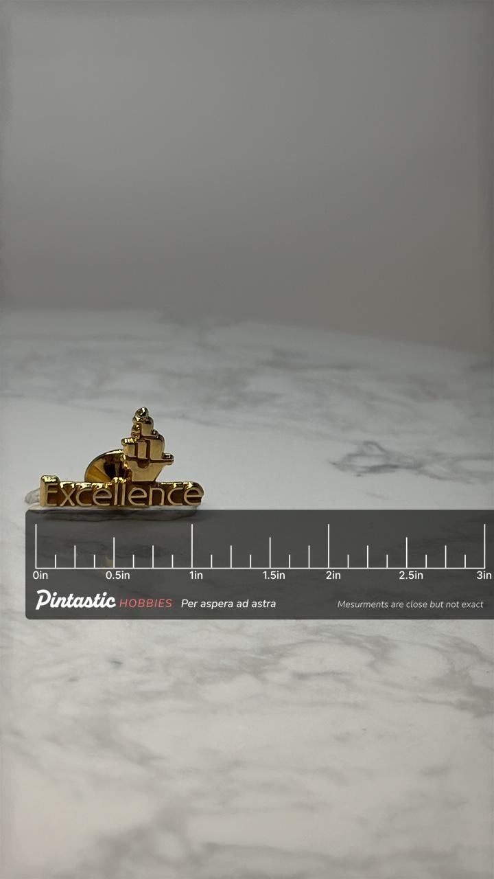 Vintage Excellence Lapel Pin: Gold Tone Enamel - Corporate Award Accessory with ruler overlay for size reference