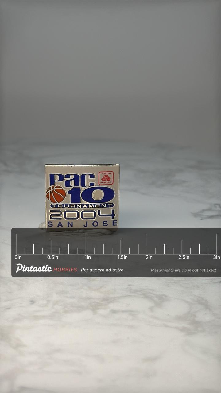Vintage Pac 10 Tournament Pin: Blue Enamel - 2004 San Jose with ruler overlay for size reference