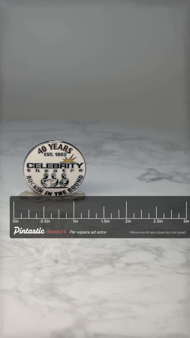 Vintage Celebrity Theatre Lapel Pin: White Enamel - 40 Years with ruler overlay for size reference