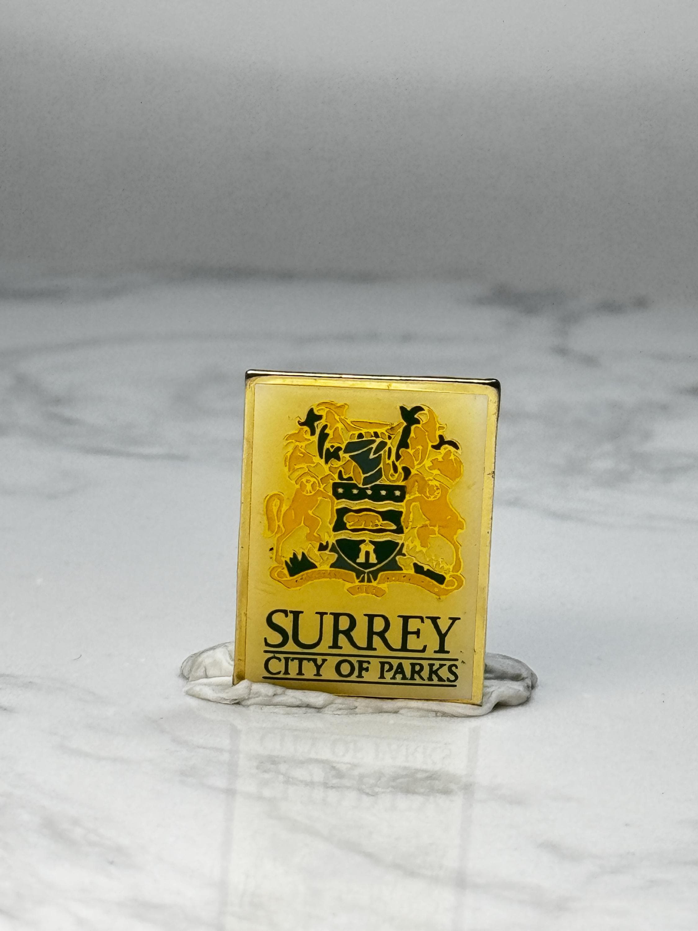 Vintage Surrey City Pin: Gold Tone Enamel - City of Parks Souvenir Accessory