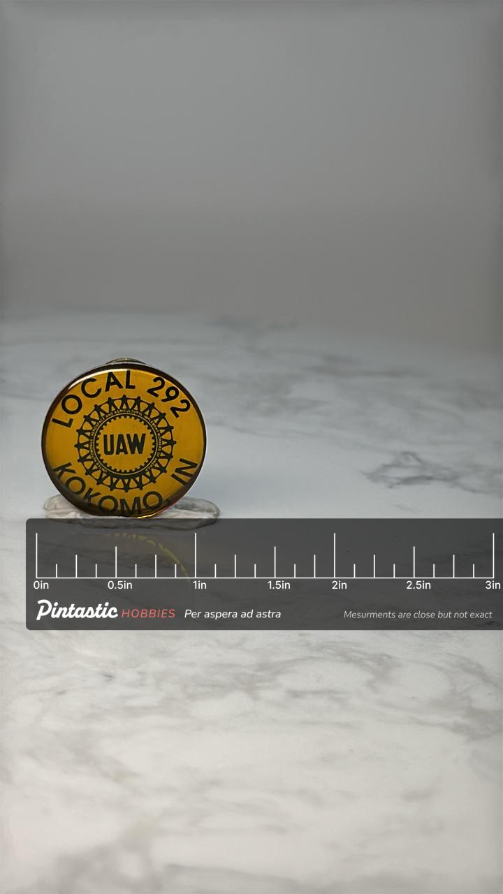 Vintage UAW Local 292 Pin: Yellow Black Union - Labor Accessory with ruler overlay for size reference
