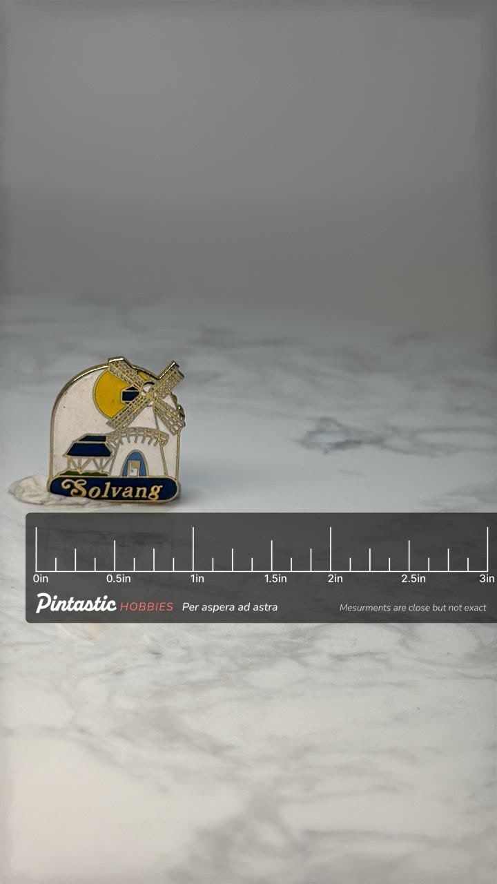 Vintage Solvang Souvenir Pin: Enamel Gold Tone - Danish Village Accessory with ruler overlay for size reference