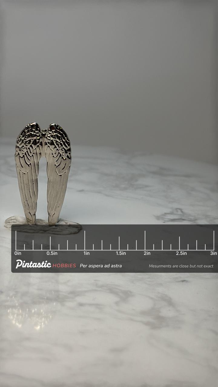 Vintage Angel Wings Lapel Pin: Silver Tone - Religious Accessory with ruler overlay for size reference