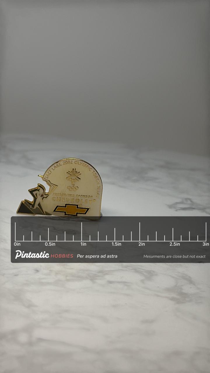 Vintage Salt Lake 2002 Olympic Torch Relay Pin: Gold Enamel - Chevy Olympics with ruler overlay for size reference