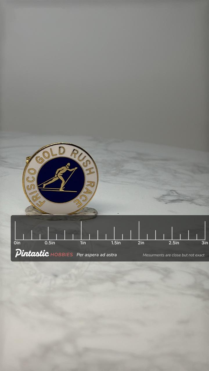 Vintage Frisco Gold Rush Race Lapel Pin: Gold Tone Enamel - Ski Event Accessory with ruler overlay for size reference