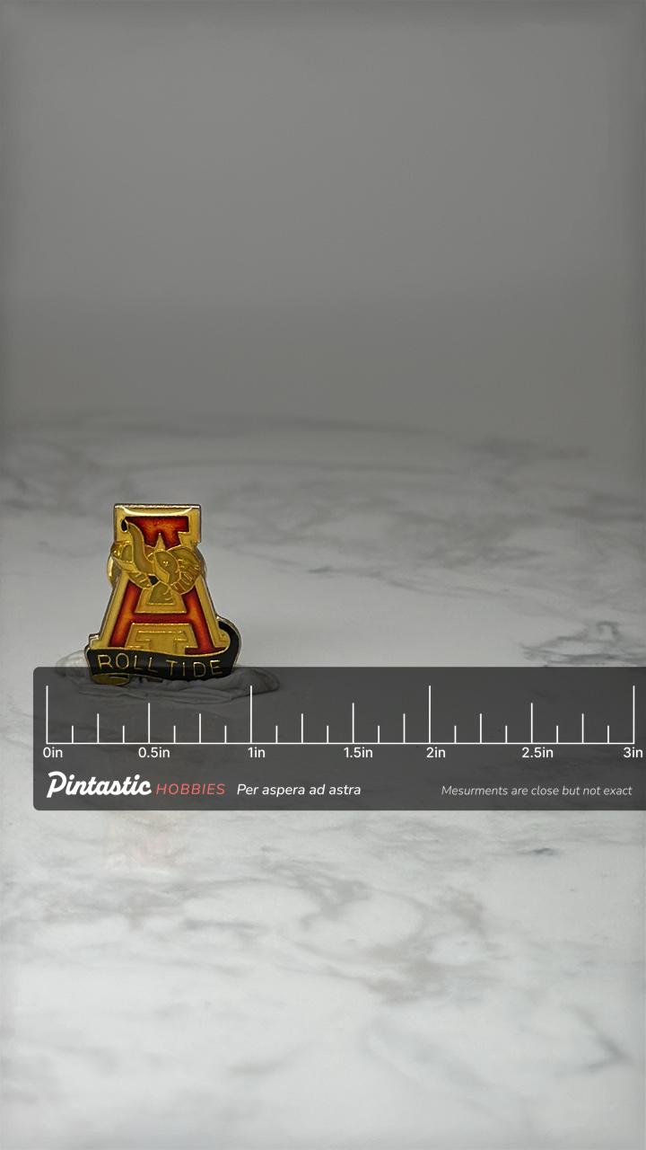 Vintage Alabama Crimson Tide Enamel Pin: Red Gold - College Accessory with ruler overlay for size reference